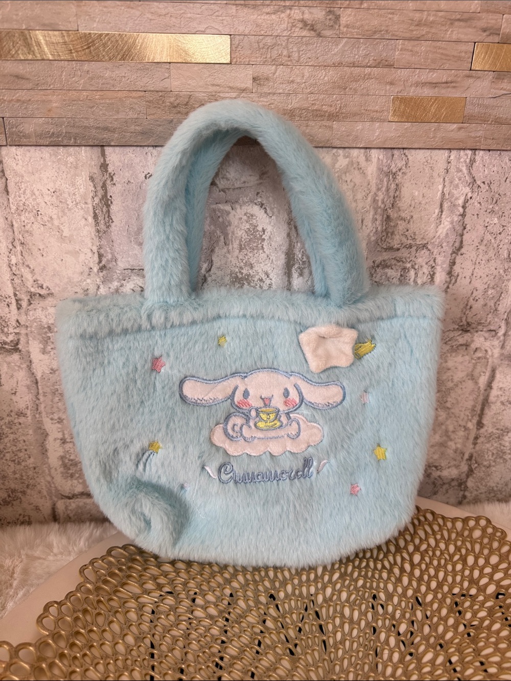 Blue Plush Cinnamoroll Tote Bag with Embroidered Character